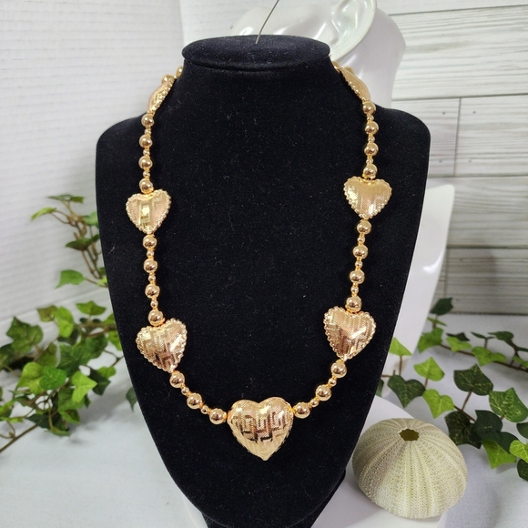 Chunky Gold Puffy Hearts with Greek Key Design and Bead Necklace - Picture 1 of 10